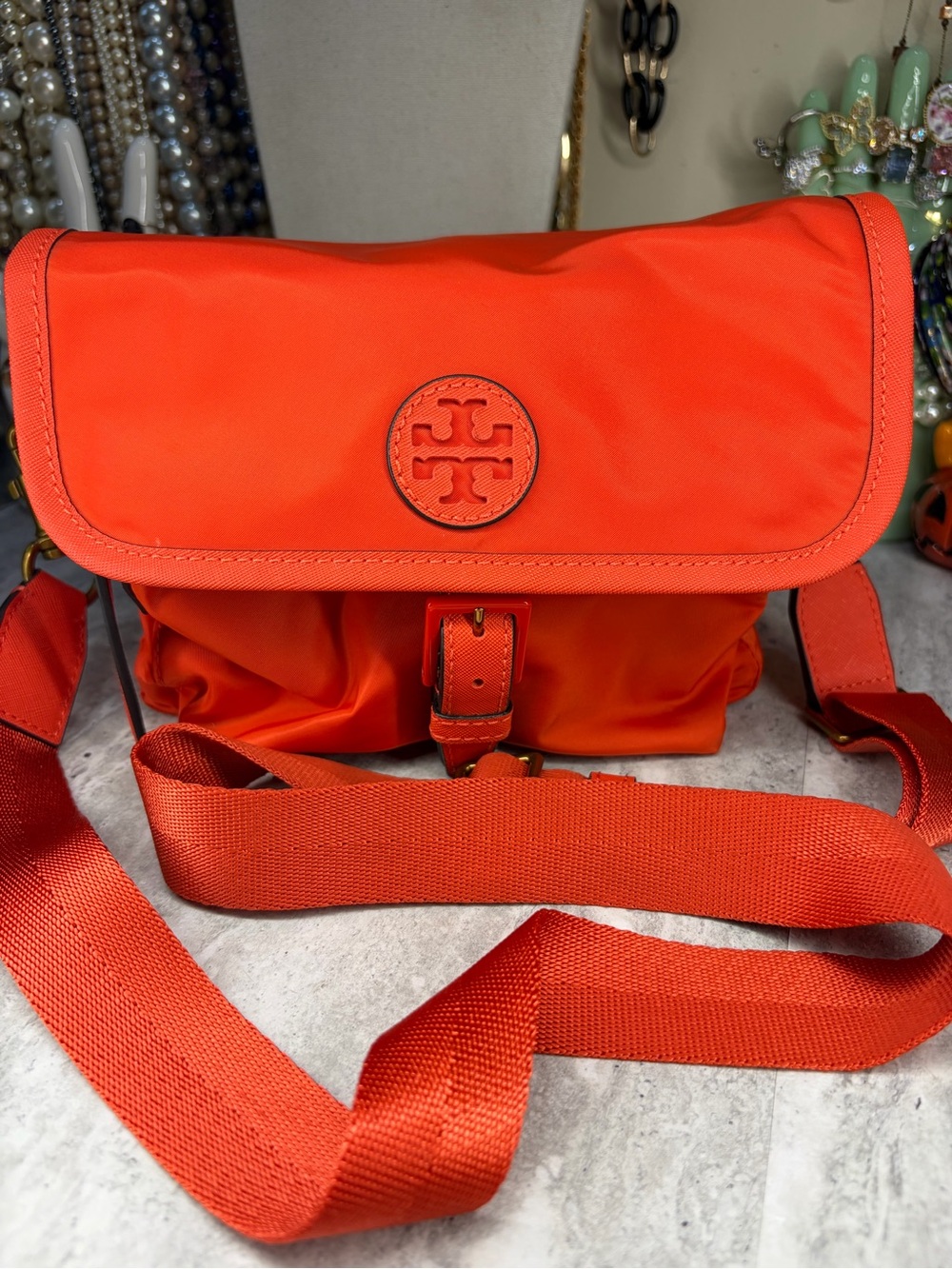 Tory Burch Bright Orange Nylon Crossbody Purse Bag with Gold Hardware